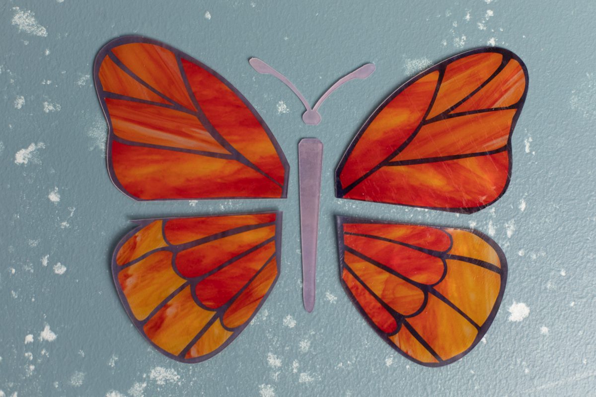 Handmade Orange / Purple Stained Glass Butterfly wide NEW 10cms 4ins 